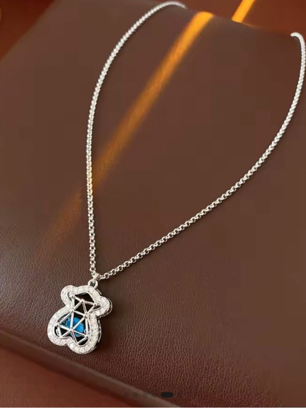 Authentic TOUS Designer Silver Tone Bear Pendant Necklace Crystal Blue Stone Cha